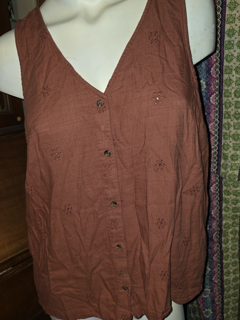 Sonoma Rust Eyelet Button-Front Top